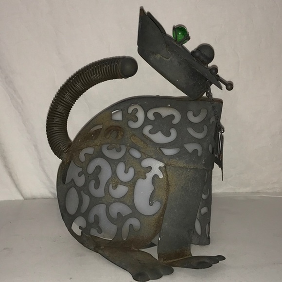Steampunk Cat Welcome Art Metal Cat  Lantern Welded W/ Green Glass Eyes - Picture 5 of 16